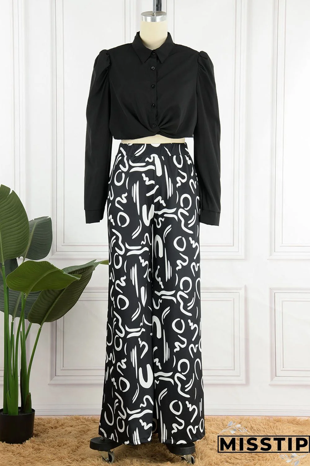 White Casual Print Patchwork Turndown Collar Long Sleeve Two Pieces