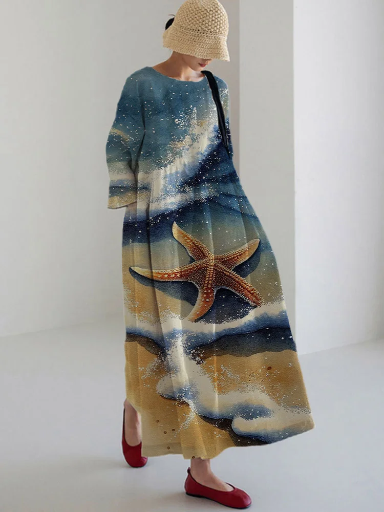 Women's Casual Starfish Print Long Sleeve Midi Dress