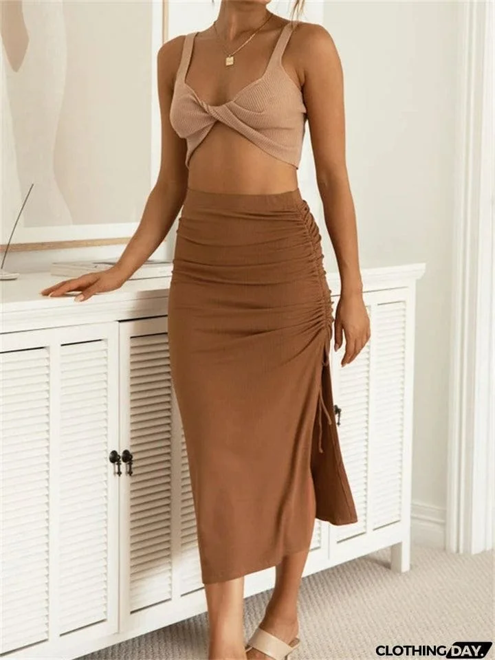 Women's Sexy Elegant Style Lace-up Design Slit Hem Knitted Slim Skirts