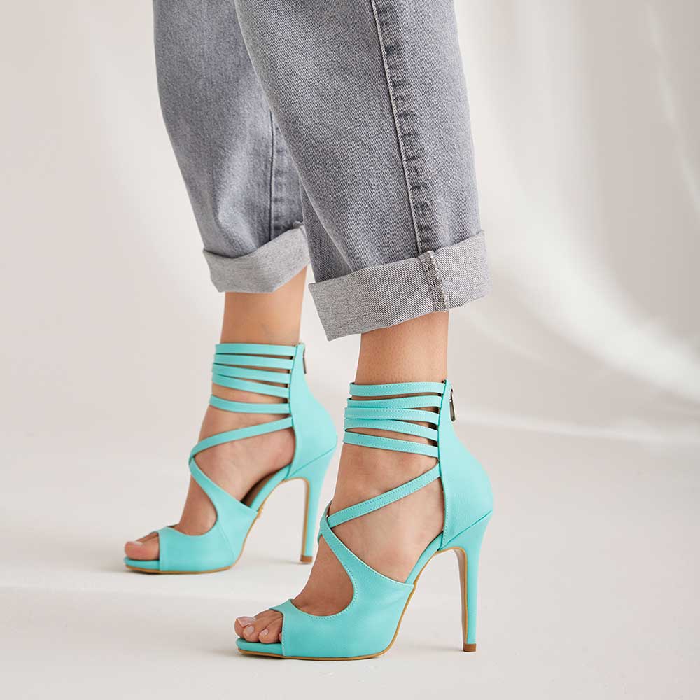 Turquoise Round Toe 4'' Stiletto Heel Strappy Back-Zip Stylish Sandals Nicepairs