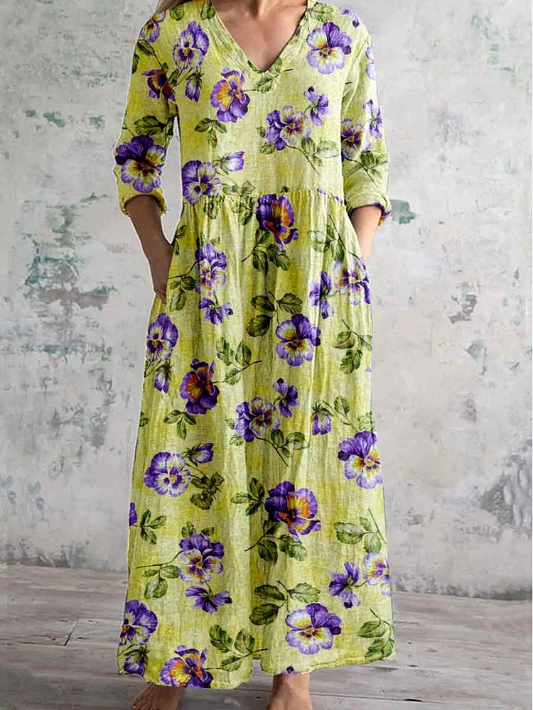 Women's V Neck Morning Glory Floral Cotton and Linen Dress with Pockets