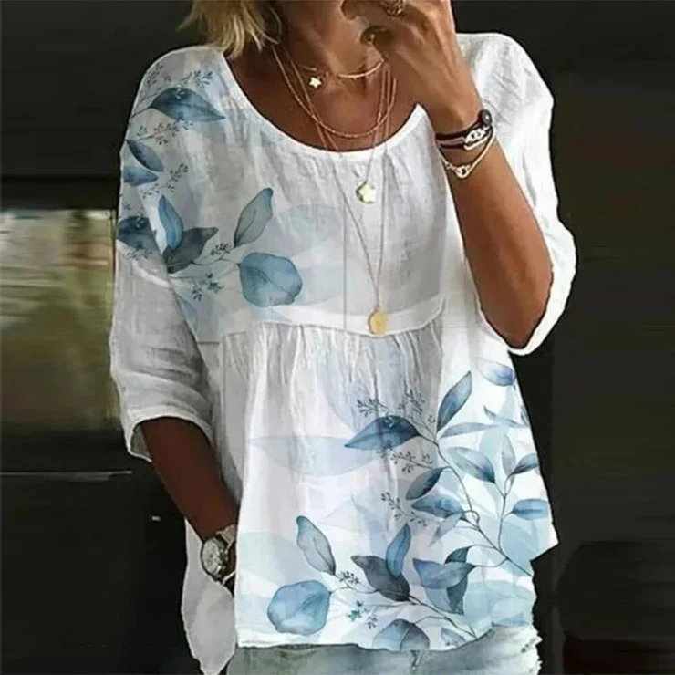 Casual Loose Blue Leaf Print Round Neck T-Shirt