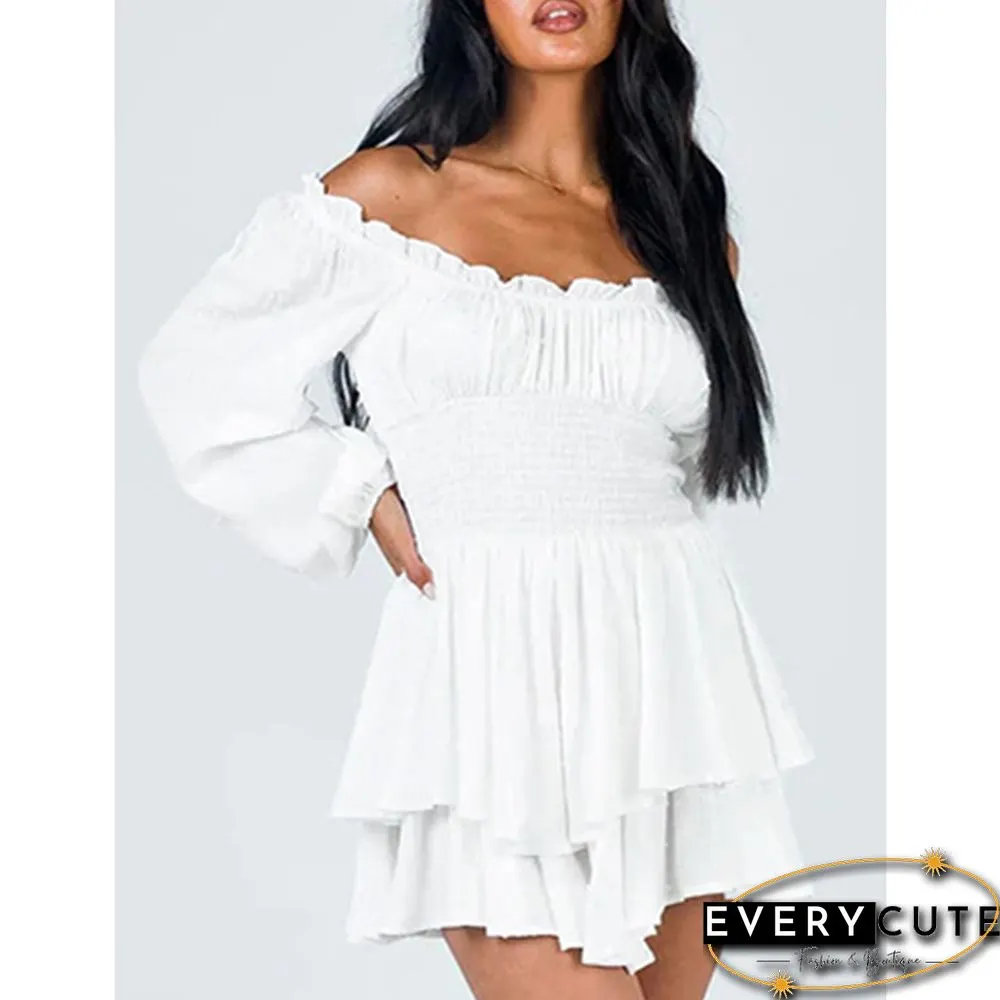 White Off Shoulder Pleated Ruffled Long Sleeve Romper