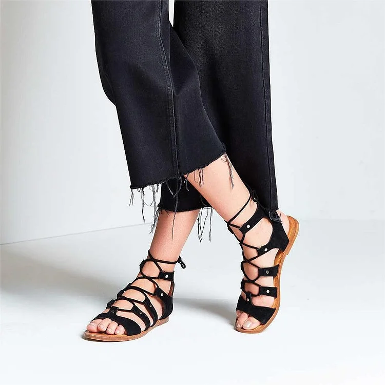 Black Vegan Suede Open Toe Lace Up Flat Gladiator Sandals for Women |FSJ Shoes