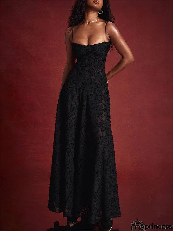 Female Sexy Black Embroidered Strappy Evening Dresses