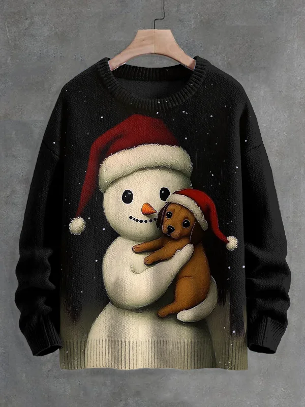 Men's Christmas Snowman And Puppy Art Print Knit Sweatshirt