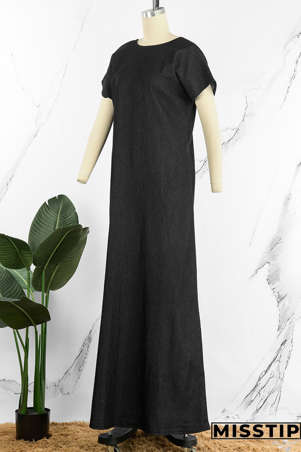 Light Blue Casual Solid Basic O Neck Short Sleeve Denim Dress