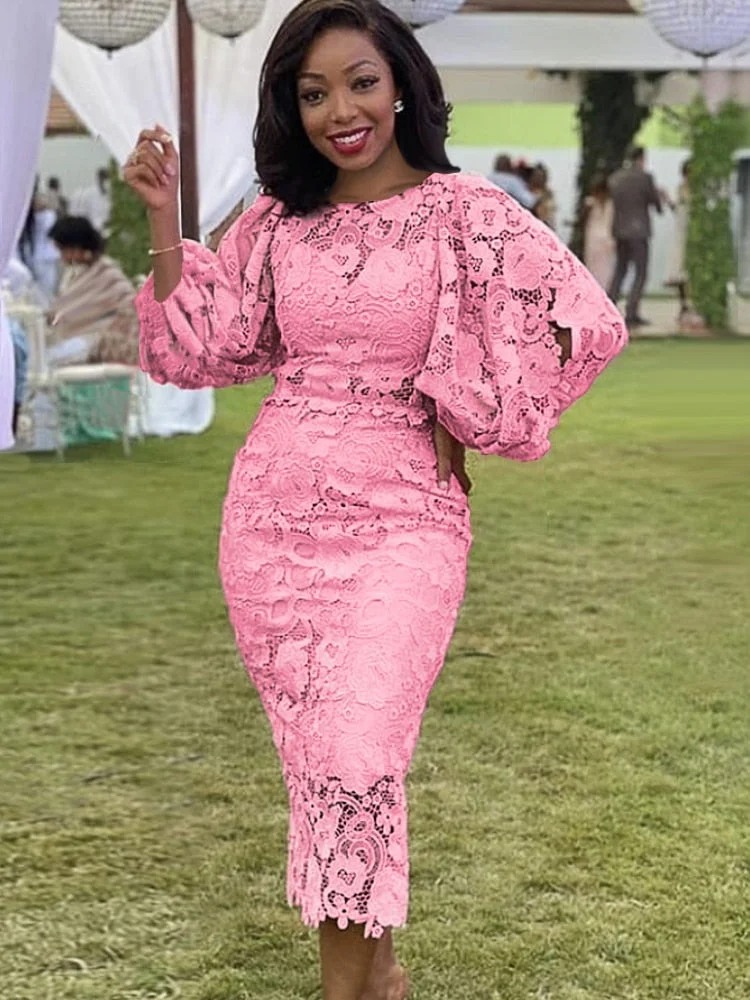 Uforever21 Elegant Women White Lace Dresses Bodycon  Three Quarter Sleeves Large Size 3XL 4XL Party Event Wedding Bridesmaid Outfits