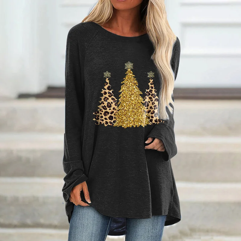 Golden Merry Christmas Tree Printed Loose T-shirt
