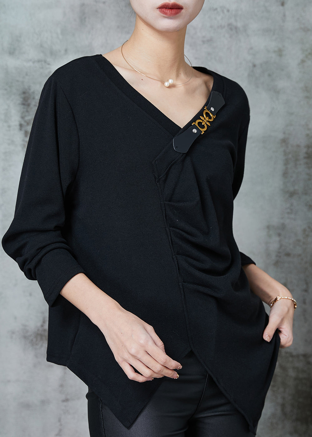VCSHOES Black Asymmetrical Wrinkled Cotton Sweatshirts Top Spring