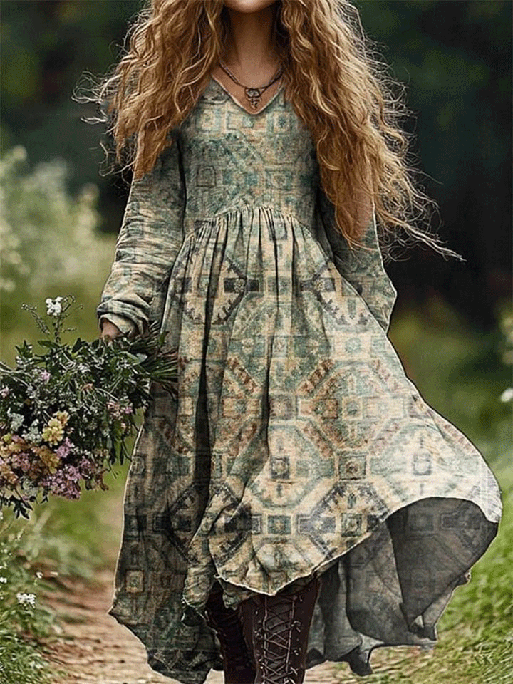Women's Retro Folk Art Pattern Print V Neck Pocket Cotton Dress