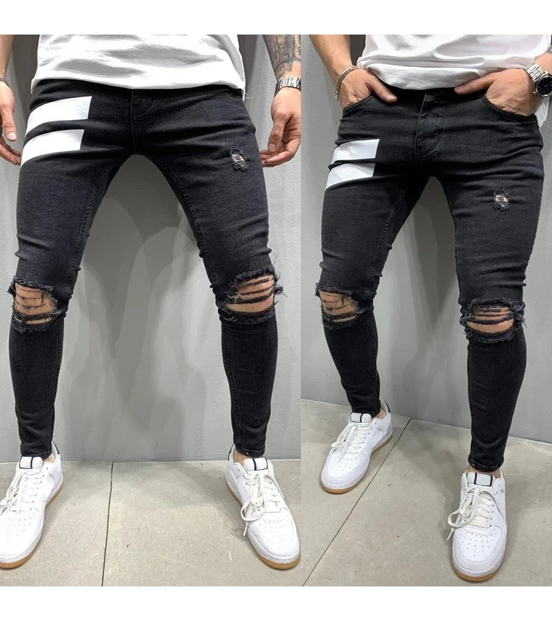 Men Fashion Block Color Stretch Ripped Jeans S-3XL