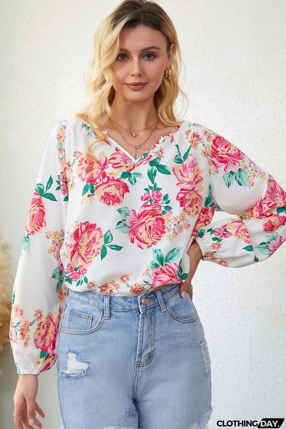 Floral Notched Neck Long Sleeve Blouse