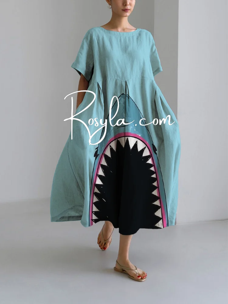 Women's Casual Blue Shark Print Loose Round Neck Medium Length Skirt Dress