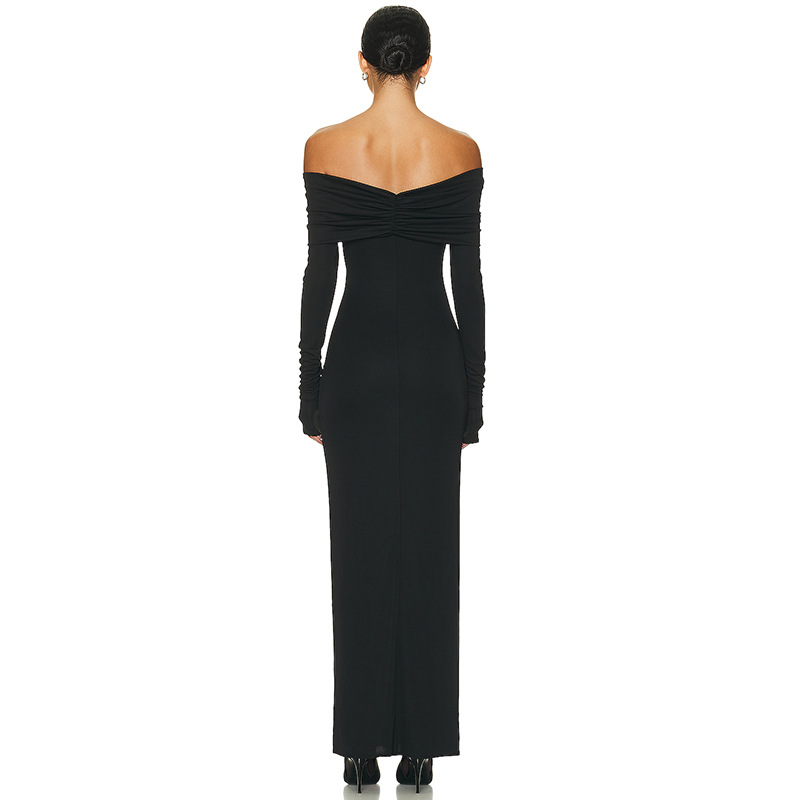 Ootddress White Pleated Slim Maxi Dress Elegant For Women Patchwork Off-Shoulder Fashion High Waist Dress Ladies Solid Party Dress
