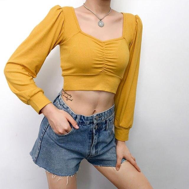 Women Long Sleeve Crop Tops Sexy Square Collar Basic Solid Black Lady Casual Tshirt Sexy Off Shoulder T Shirts Summer Autumn Top - Shop Trendy Women's Fashion | TeeYours