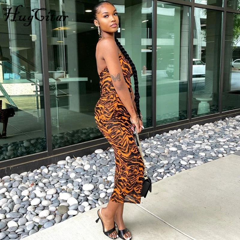 Hugcitar 2021 Stripe Print Sleeveless Backless Sexy Slit Long Dress Summer Women Fashion Streetwear Outfits Party Wear Y2K