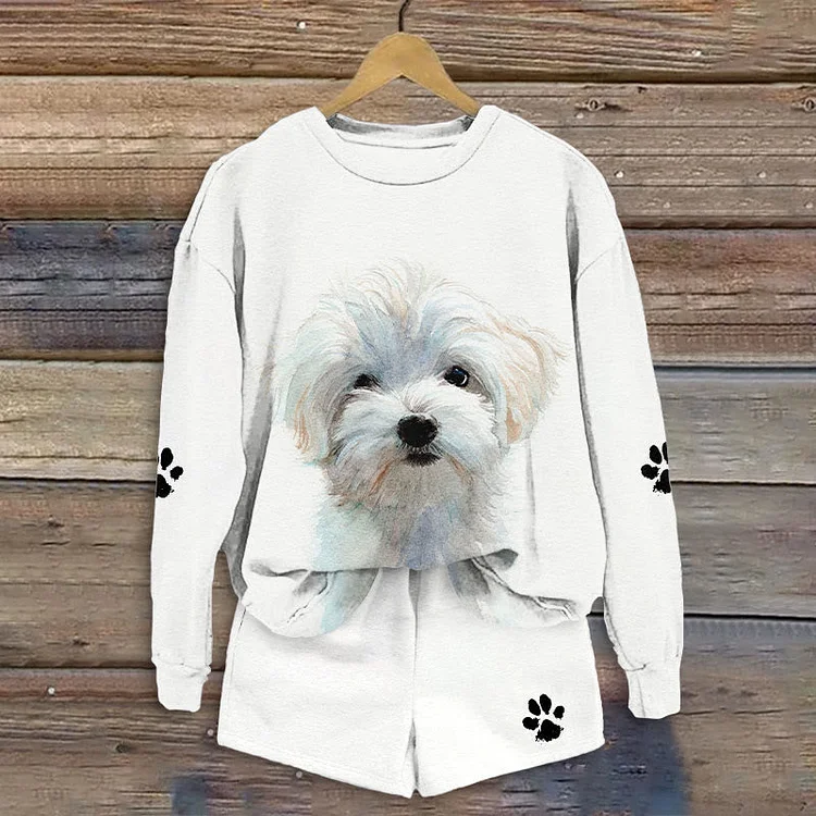 Cute Maltese Dog Print Casual Sweatshirt Set socialshop