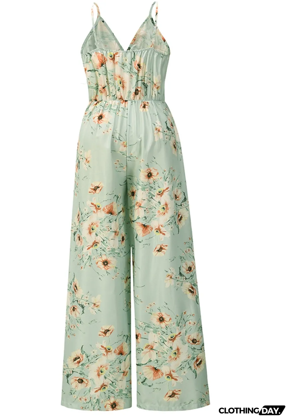 Summer Casual Floral Green Slit Bottom Wrapped Strap Jumpsuit