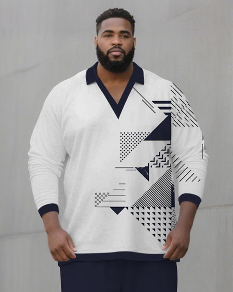 Big & Tall Men's Black And White Geometric Print POLO V-Neck Long Sleeve Pants Two-Piece Set