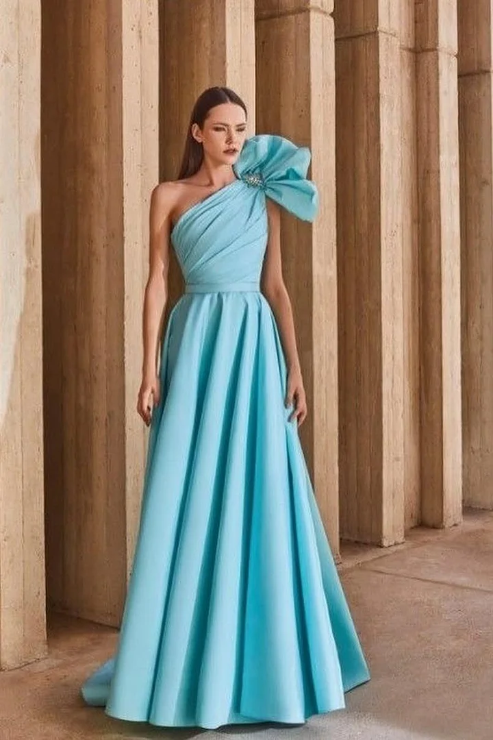 Lvs&Broner One Shoulder Sleeveless A Line Prom Dress With Pleated Belt