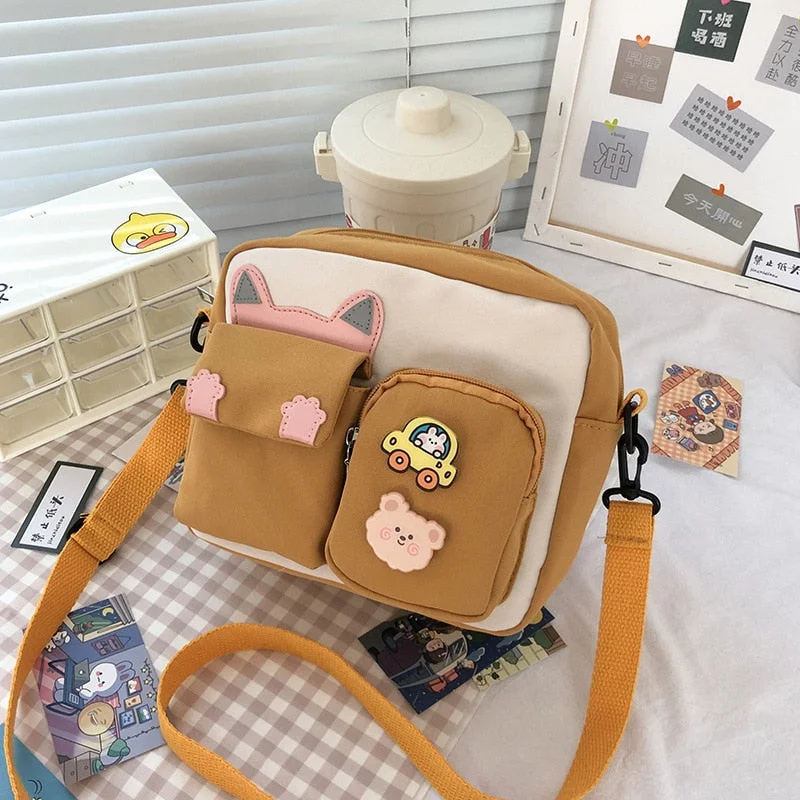 Women's Cute Canvas Bag Mini Shoulder Bag Girls Small Wallets with Multiple Pocket Zipper Shopper Bag 2021 Cartoon Crossbody Bag
