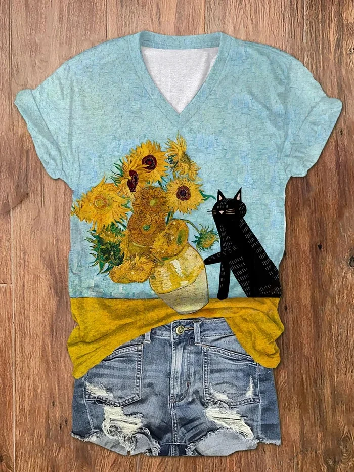 Women's Black Cat Knocking Over Van Gogh’s Sunflowers Print V-Neck T-Shirt
