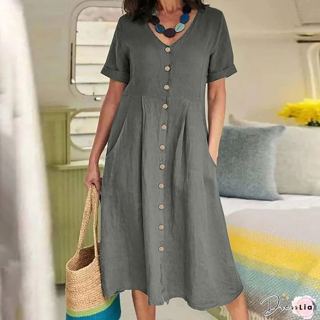 Casual Dress Cotton Linen Dress Midi Dress Cotton Blend Fashion Modern Outdoor Office Daily V Neck Button Short Sleeve Summer Spring Loose Fit khaki Plain S M L XL 2XL for Women