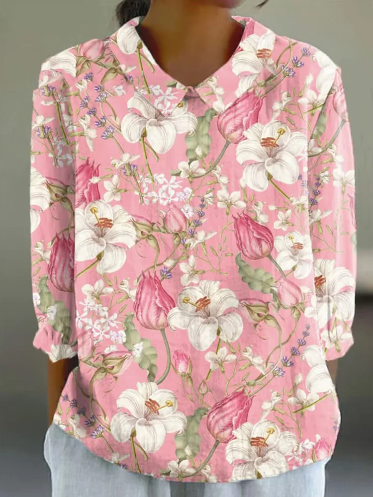 Women's Casual Long Sleeve Cotton And Linen Daisy Shirt