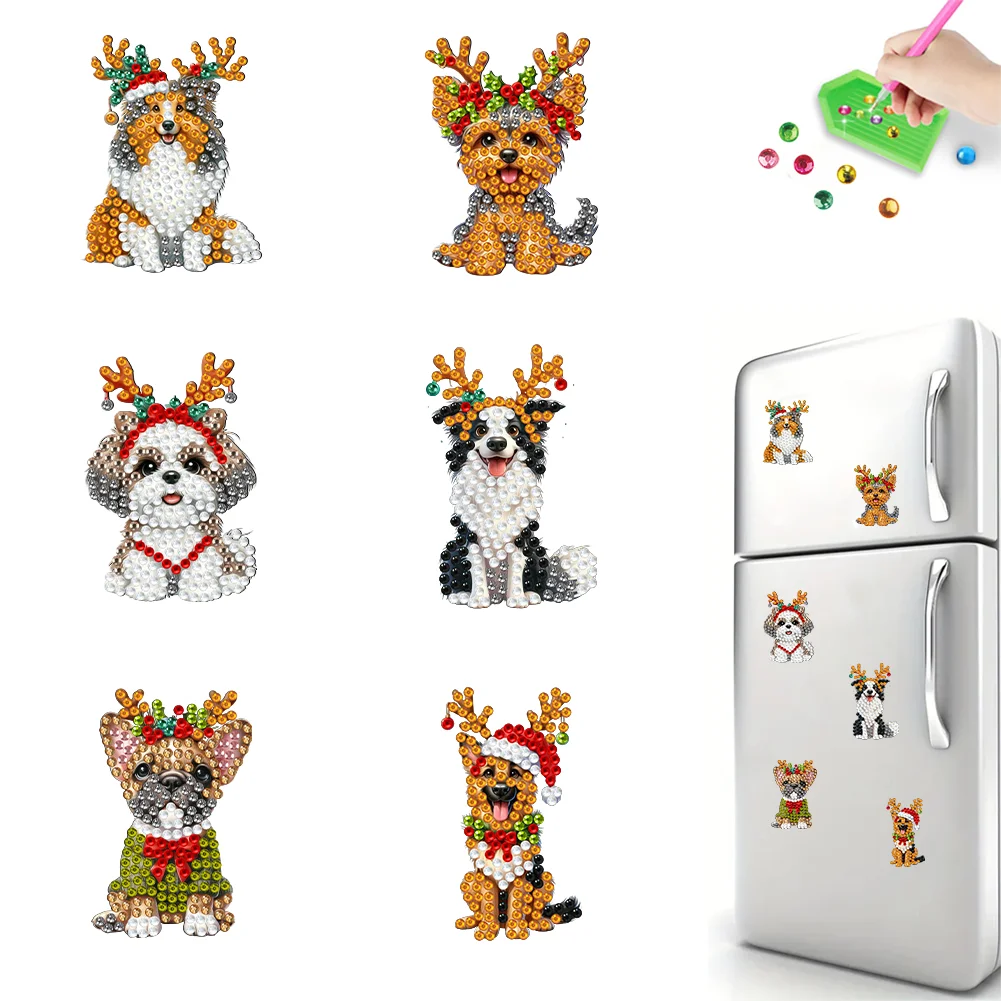 6Pcs Christmas Antler Dog Diamond Painting Refrigerator Magnets Diamond Art Kits