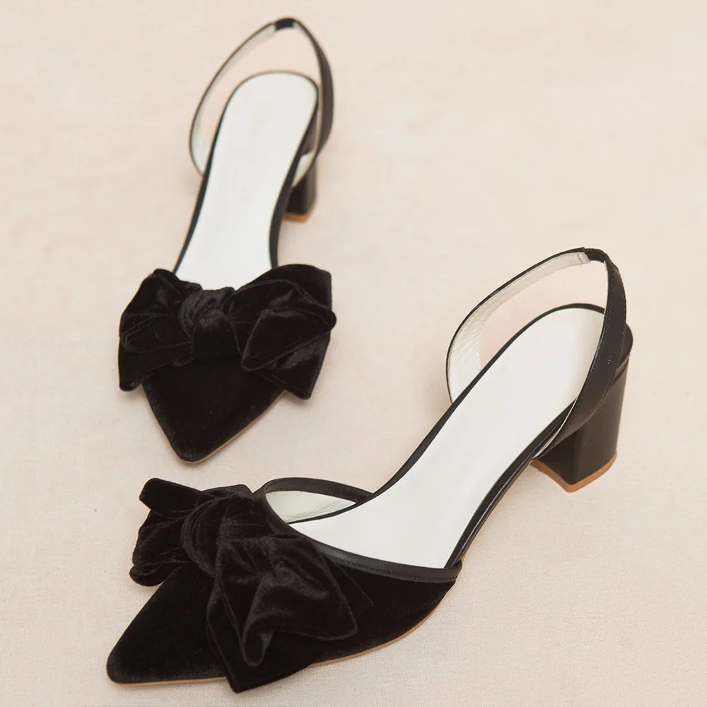 Black Velvet Pointed Toe Bow Decor Block Heel Slingback Pumps