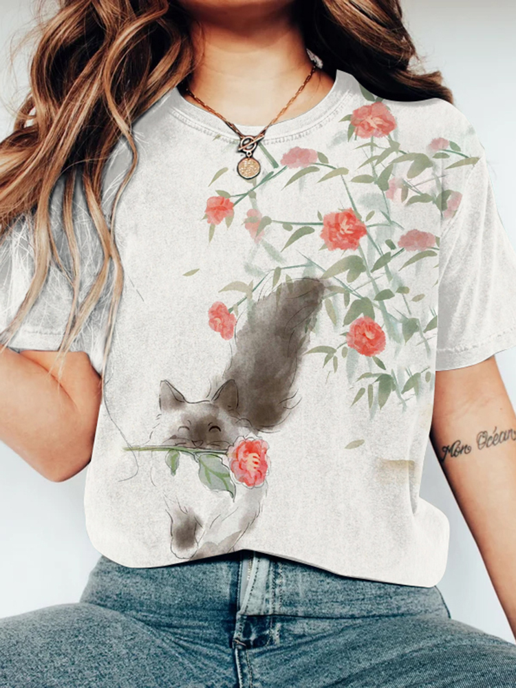 Comstylish Vintage Floral & Cat Japanese Art Round Neck Casual T-Shirt