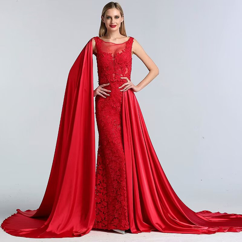 Ovlias Charming Red Lace Printed Prom Dress A Line Long With Trail LM0025