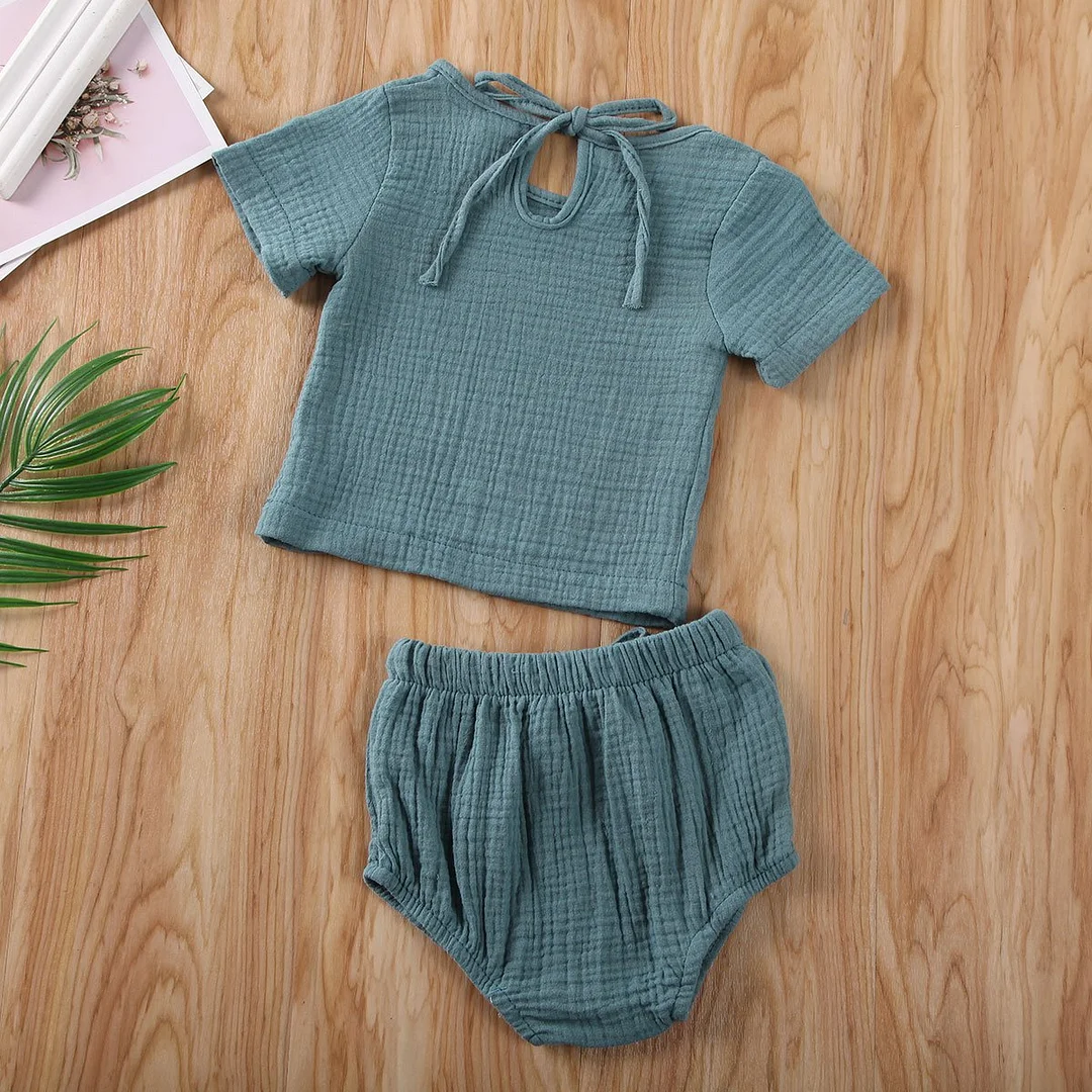 2020 Baby Summer Clothing Newborn Kids Baby Boy Girl Clothes Cotton&Linen Tops+Shorts Pants Solid 2pcs Short Sleeve Outfits Set