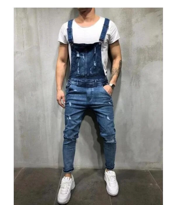 Men's Ripped Denim Jumpsuit Overall