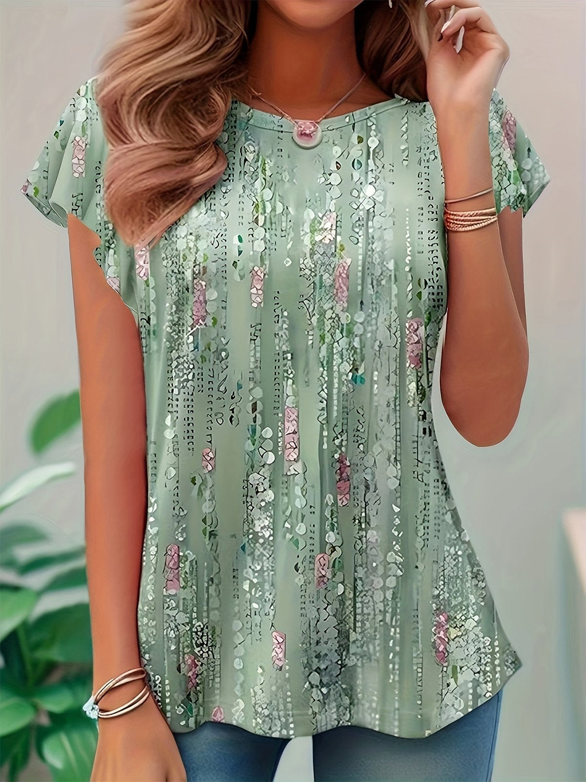 Women Long Sleeve V-neck Graphic Floral Printed Top
