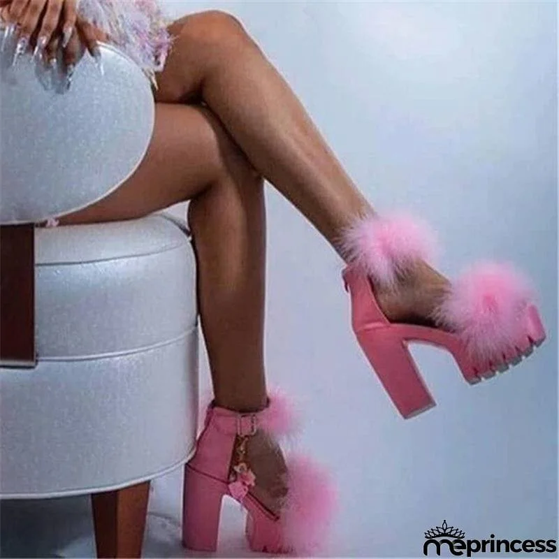Fashion Fluffy Chunky Heel Pumps Sandals for Women