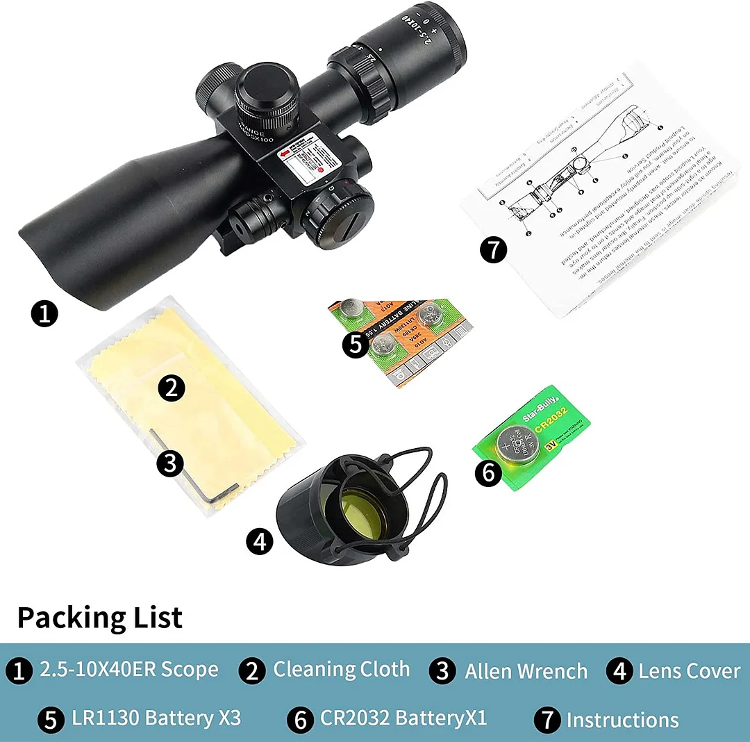 ohhunt® 2.5-10x40 Red Green Illuminated Tactical Rifle Scope Crossbow Scope with Red Laser Combo Less Than 5mW Output