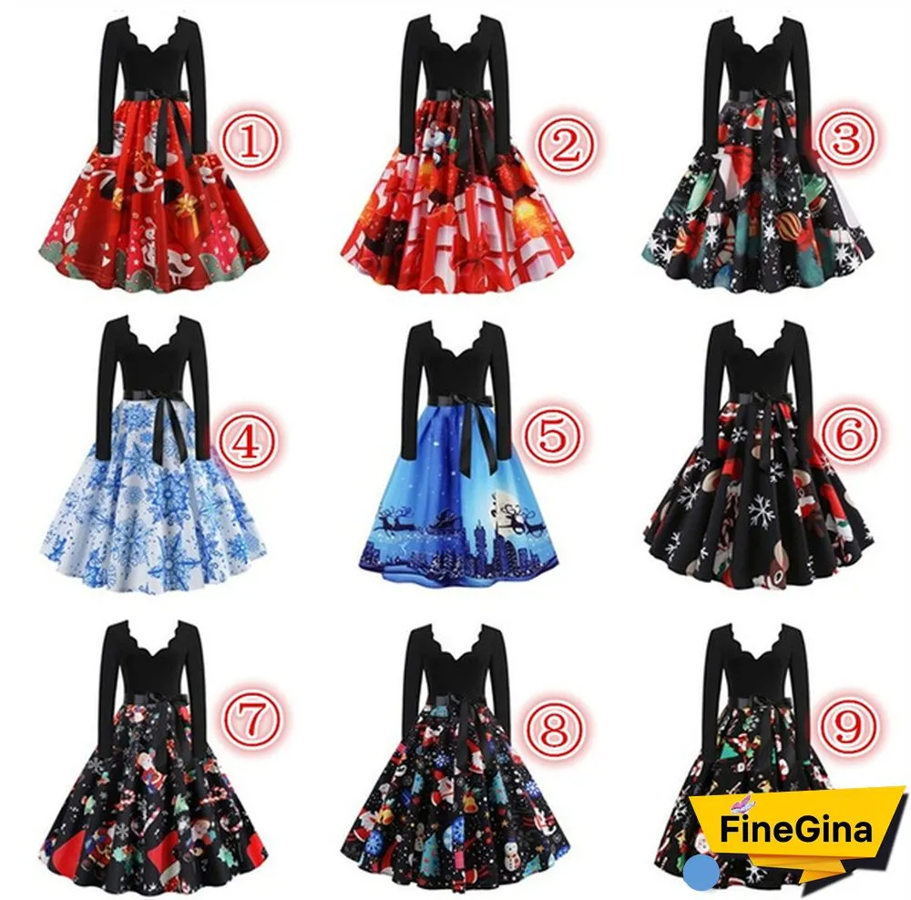 Womens Fashion Casual Dress Lace V Neck Christmas Deer Musical Notes Cat Print Santa Cluas Snowflake Dress Christmas Dress Print Vintage Flare Dress Bowknot High Waist Swing Dress