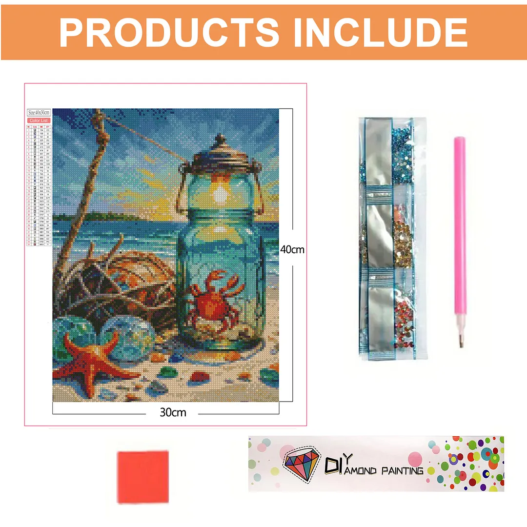 Beach Crab Jar Lantern 5D DIY Full Square Drill Diamond Painting Kits for Adults Beginners Home Decor Diamonds Dots Gem Art Kits Diamonds Paintings Gem Art 13.78x17.72inch