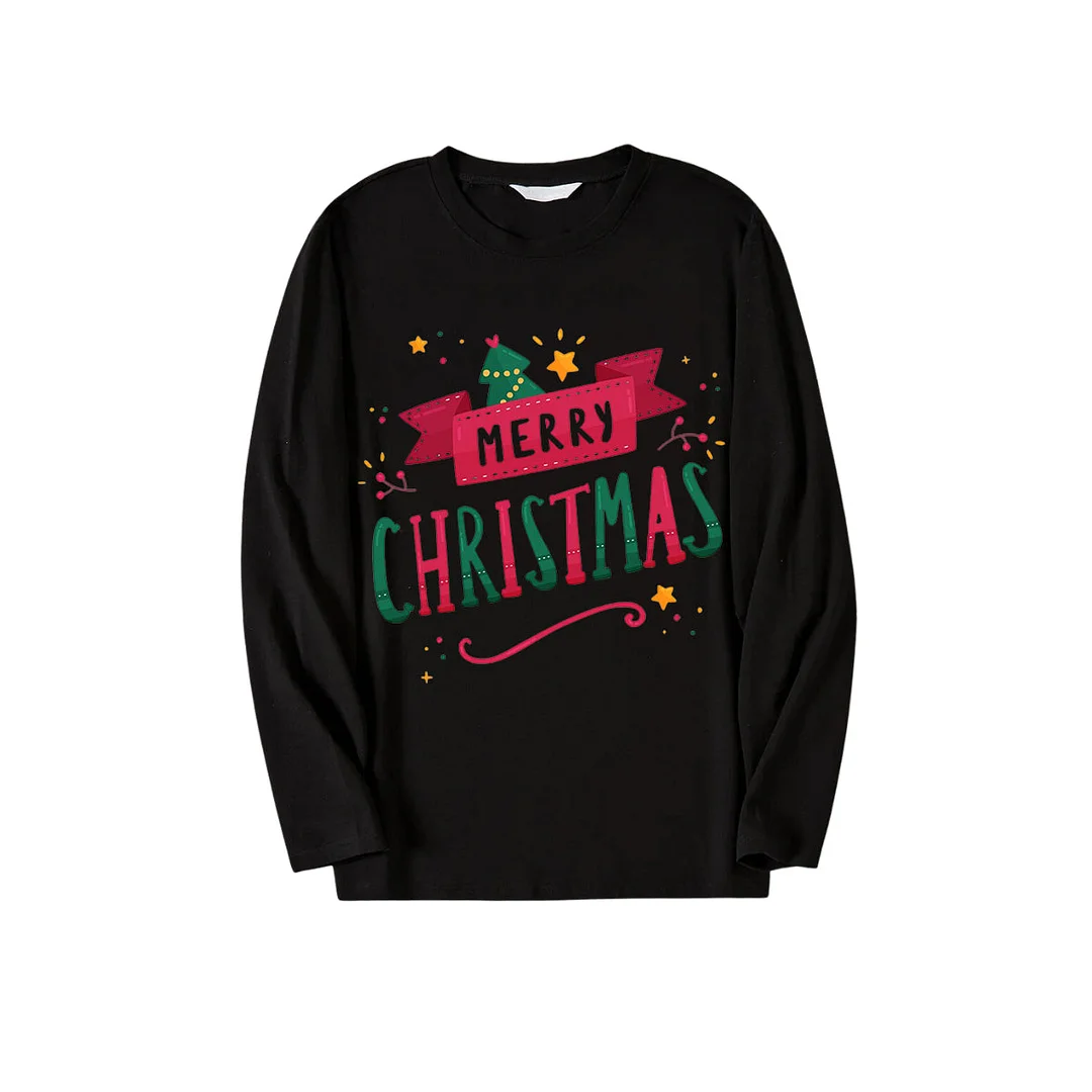 "Merry Christmas" With  Ribbons - Black Top with Red & Green Plaid Pants Family Matching Pajama