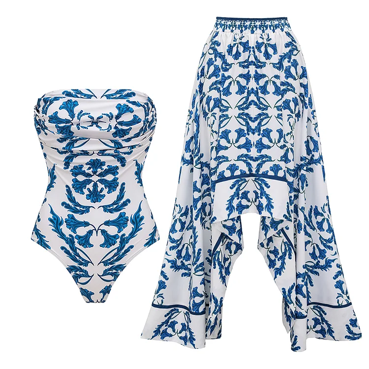 Strapless Style Frilled Printed One Piece Swimsuit and Skirt