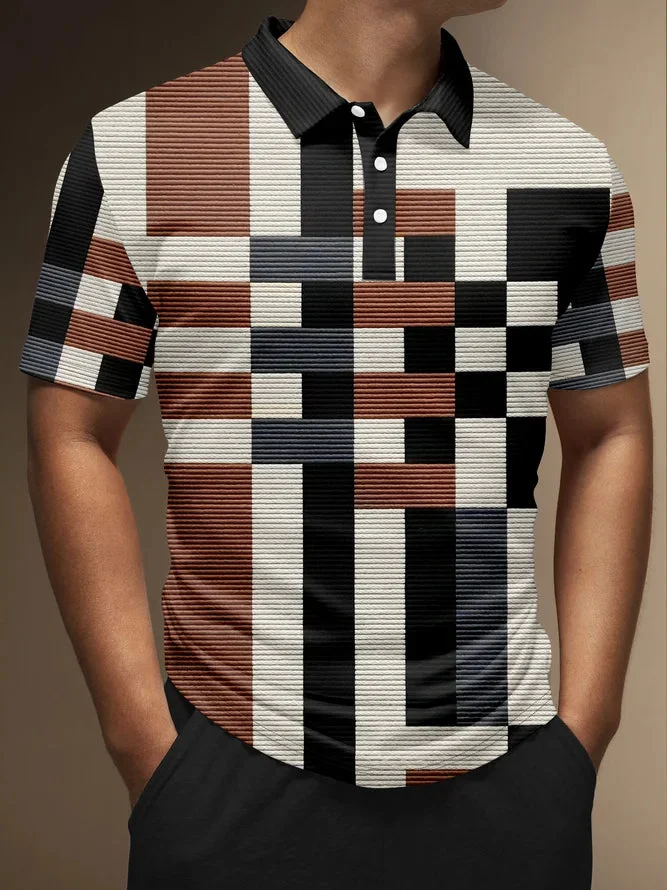 Men‘s Geometric Check Printing Buttons Short Sleeve Polo BestDVibe