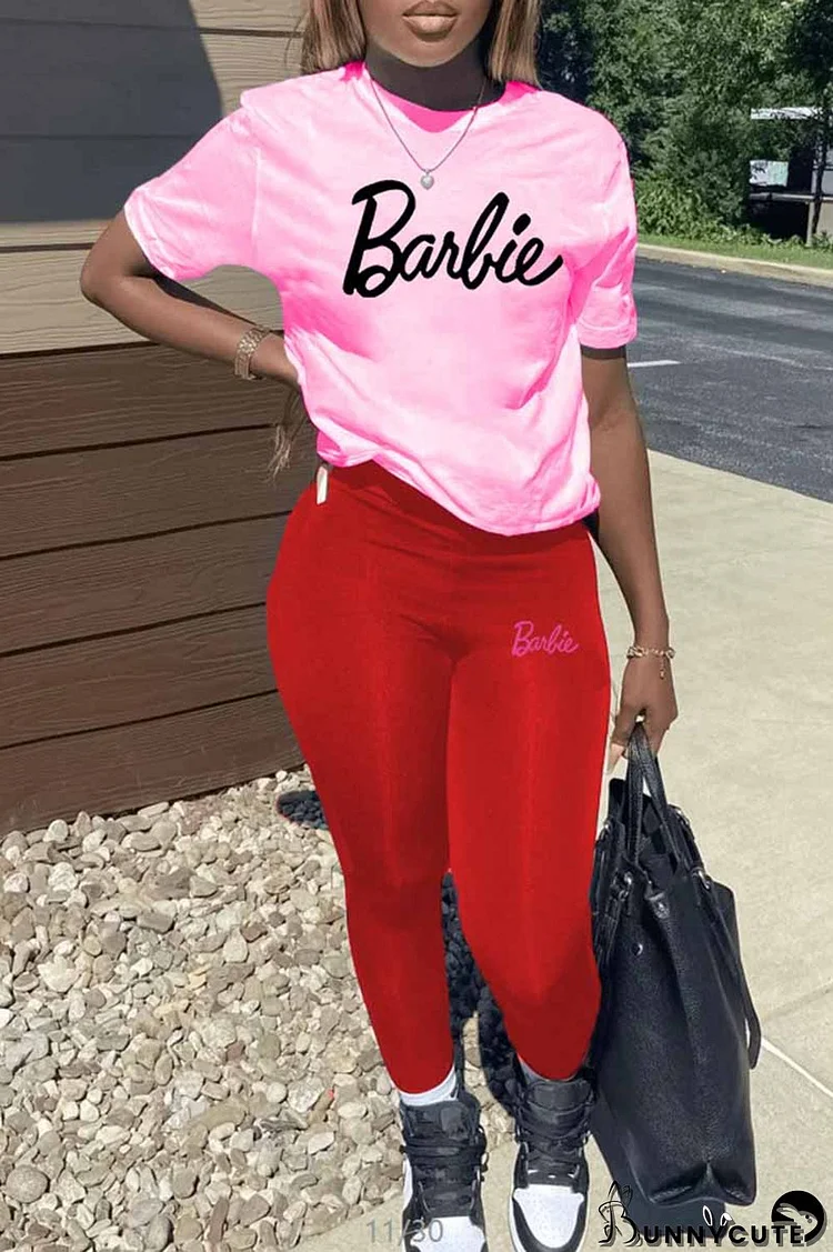 Red Casual Print Letter O Neck Short Sleeve Two Pieces