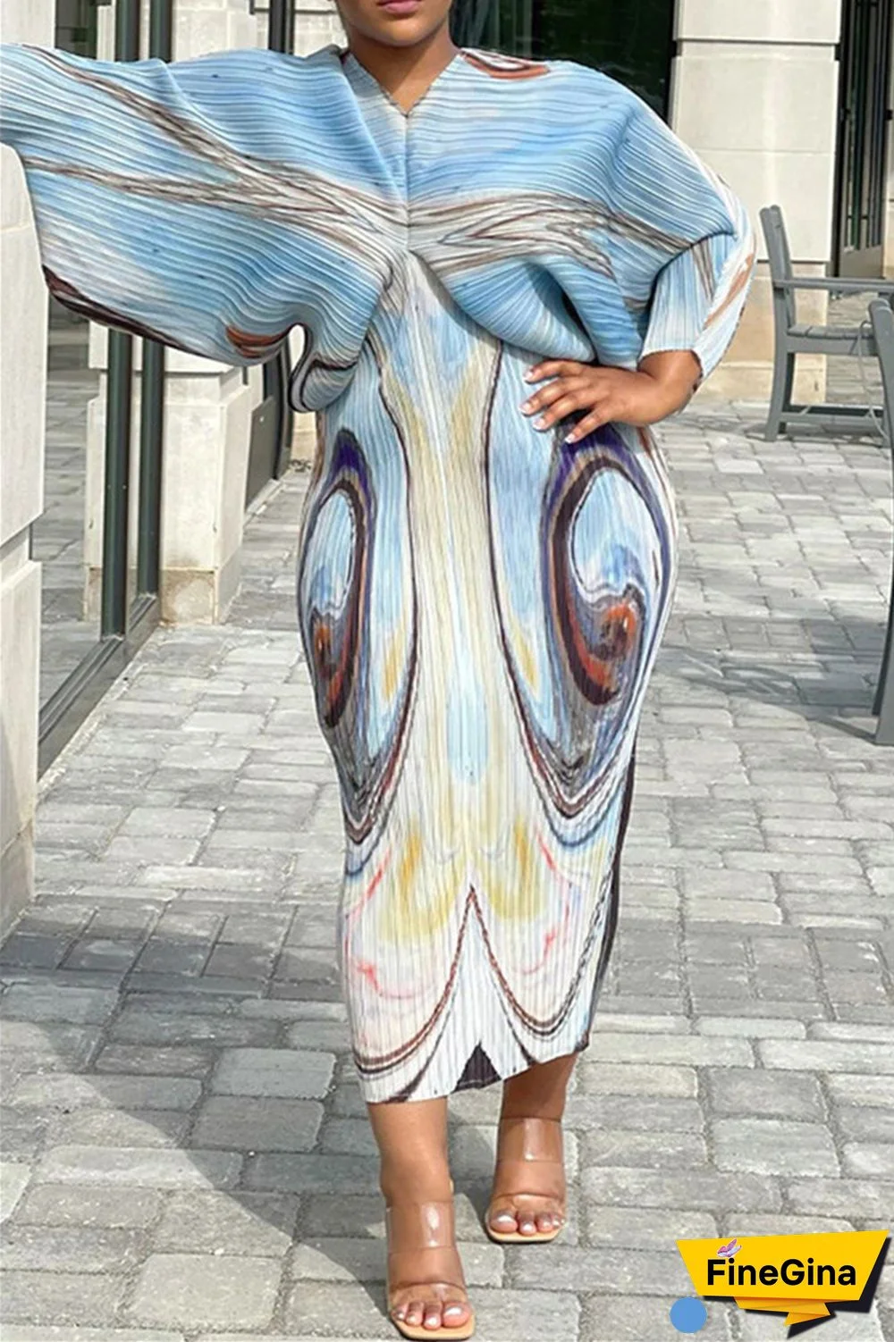 Pink Purple Casual Print Patchwork V Neck Pencil Skirt Plus Size Dresses