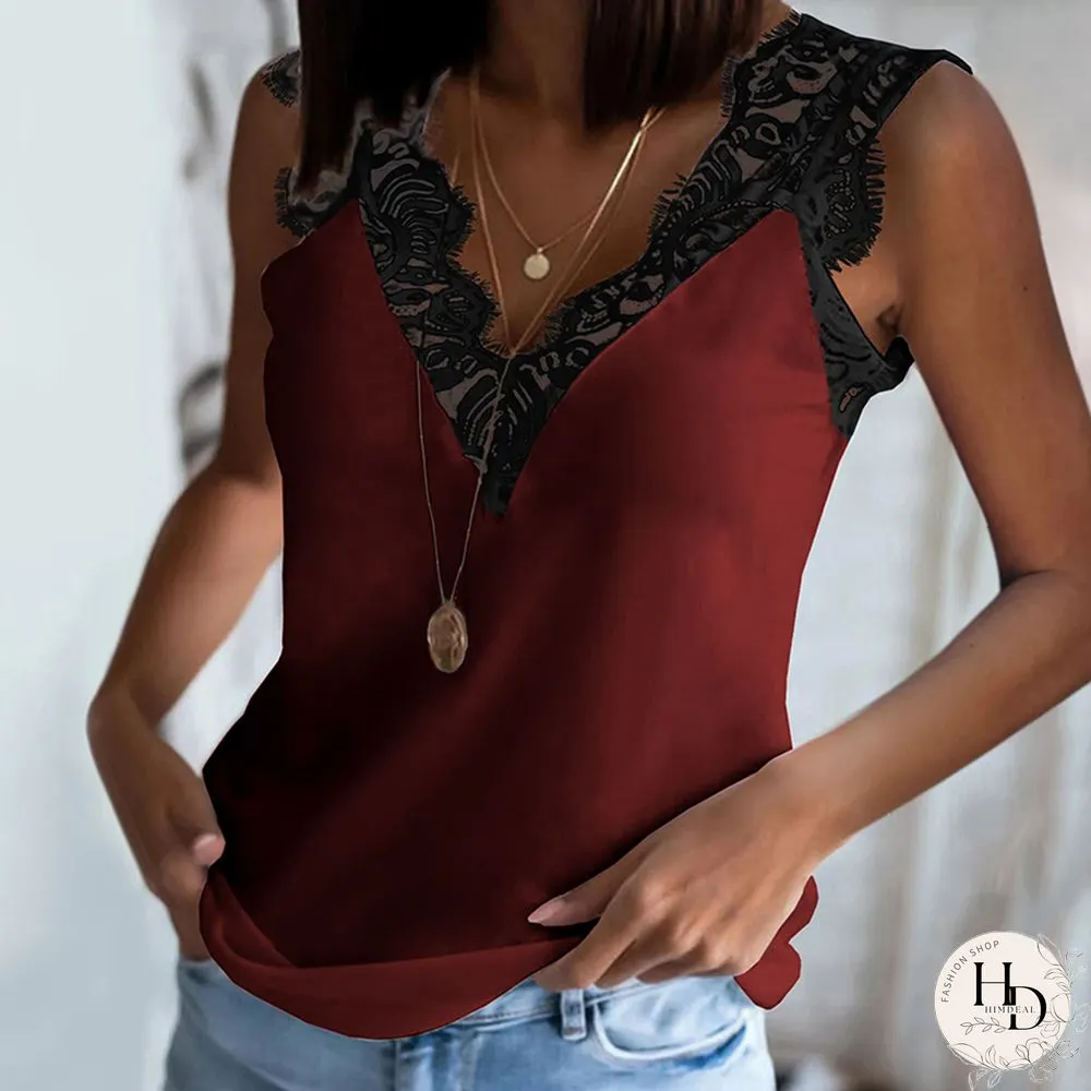 Lace V-Neck Solid Women Vest Top Straps Tank tops Casual Sleeveless Shirts Blazers