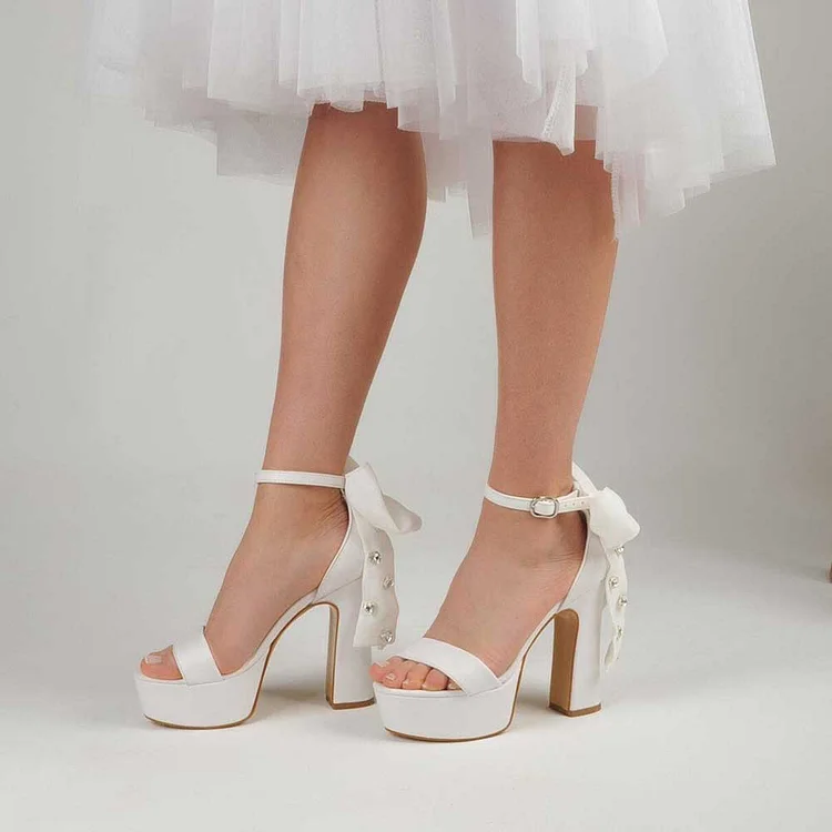 White Rhinestone Embellished Bow Ankle Strap Platform Bridal Shoes |FSJ Shoes