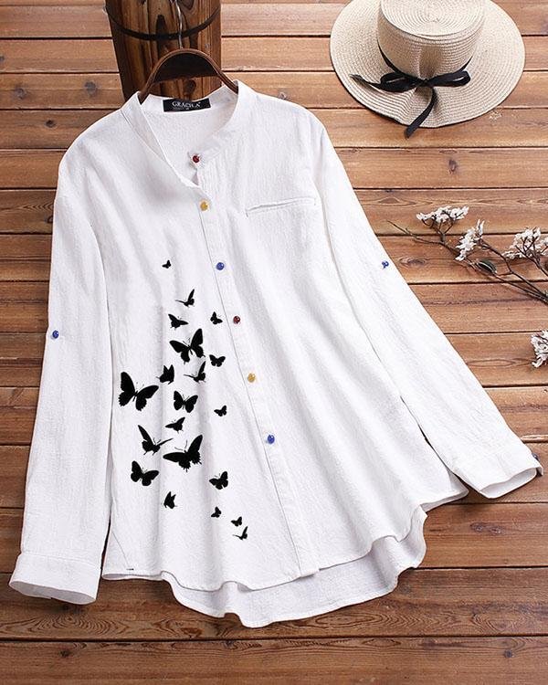 Collar Color Button Shirt Butterfly Printed Shirt - Chicaggo