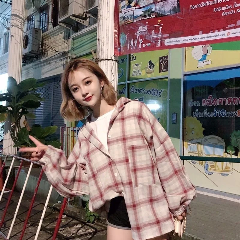 Women Blouses Shirts Plaid Oversize Thin Casual Sun-protect Loose Lantern Sleeve Fashion BF Simple Korean Chic All-match Tops