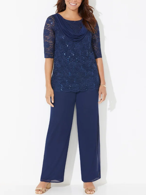 Round neck lace trousers set